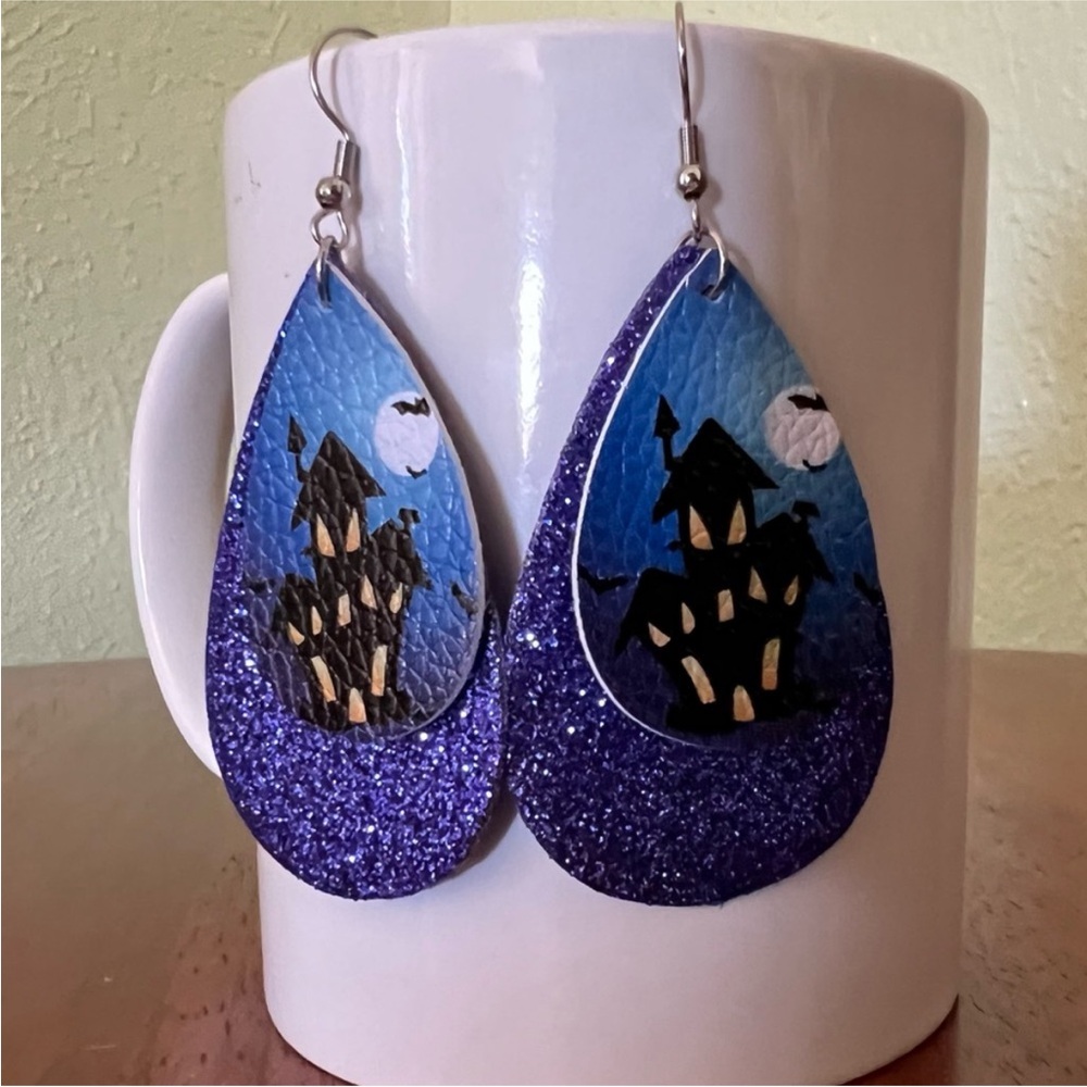 NWT Haunted House Glitter Halloween Tear Drop Earrings
